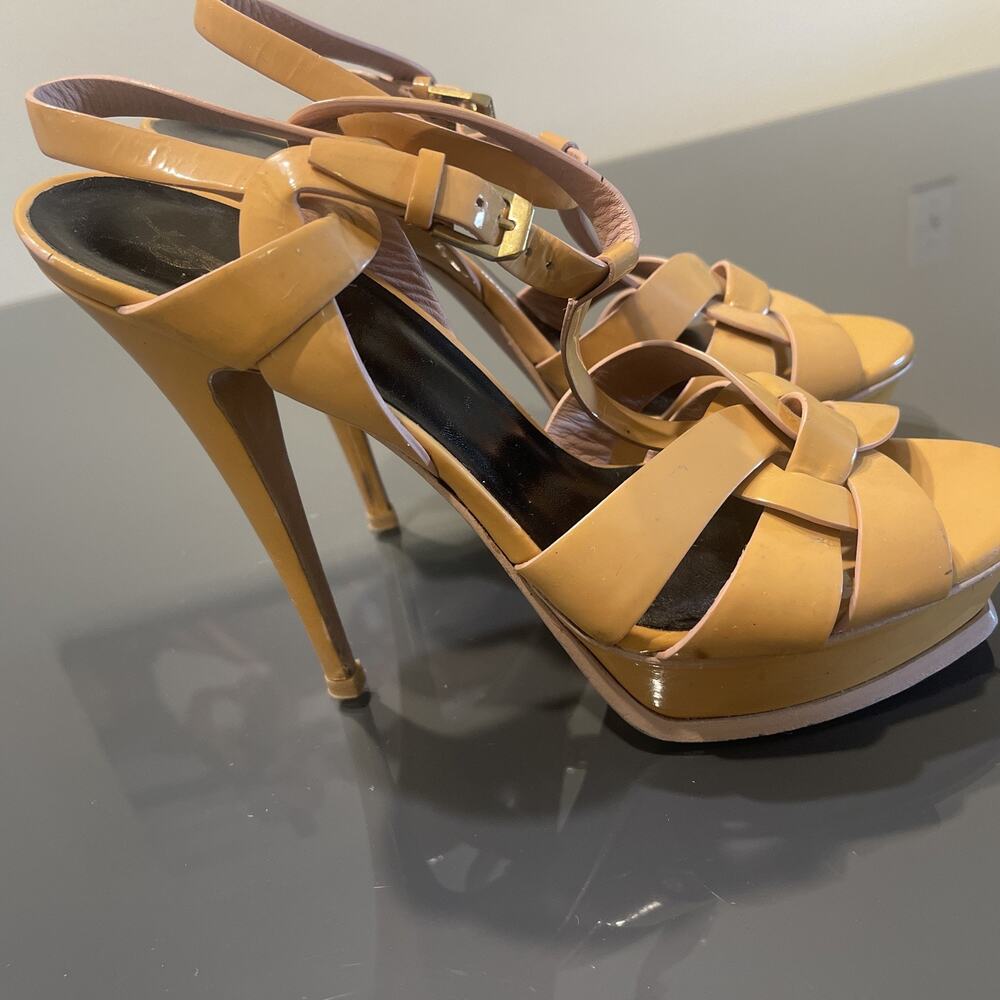 Yves Saint Laurent YSL Beige Patent Leather Tribute Platform Sandals Size 40.5 - Picture 4 of 14